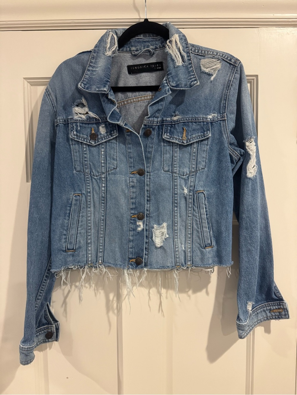 Veronica Beard Light Blue Distressed Cropped Denim Jacket